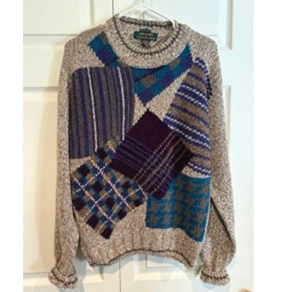Vintage COLOURS Mens Brown Fisherman Knit Patchwork Sweater SMALL Colorblock